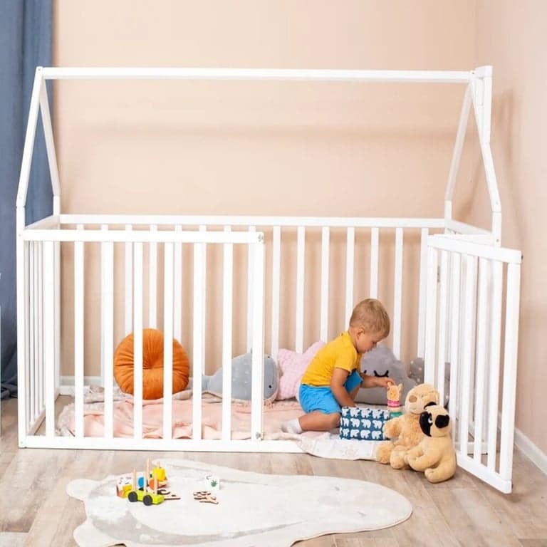 Busywood House Playpen Bed With High Rails White Full Size