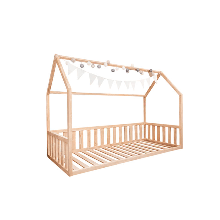 MandreleKids Lit au Sol Maison Naturel Sans Barrière Avant Taille Complète