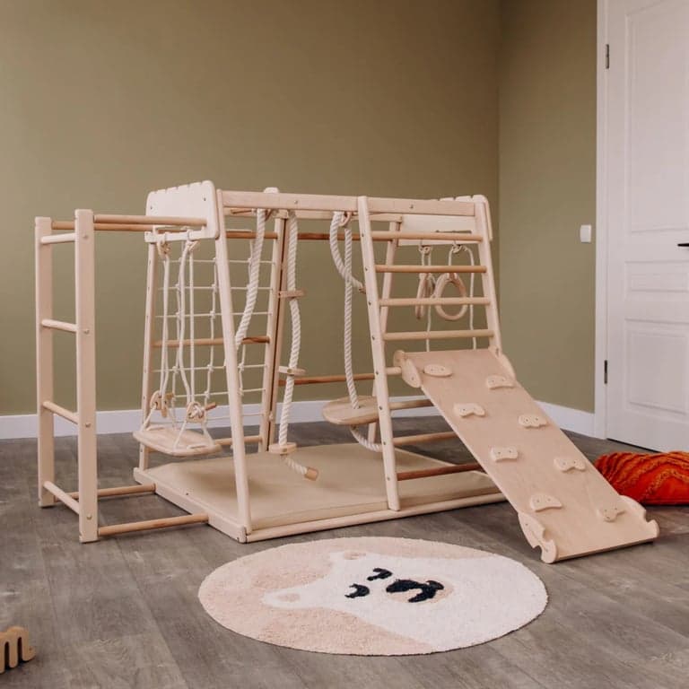 Wood and Hearts Indoor Jungle Gym With Trapeze, Ladder, Mat, Ramp, and 4 Rope Access