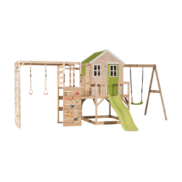 Wendi Toys My Lodge Ensemble de Balançoire avec Plateforme, Toboggan, Balançoire Simple et Accessoire de Gym Lime