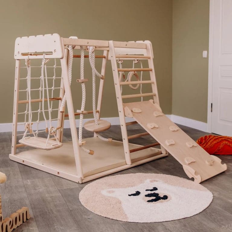 Wood and Hearts Indoor Jungle Gym With Trapeze, Mat, Ramp, and 4 Rope Access