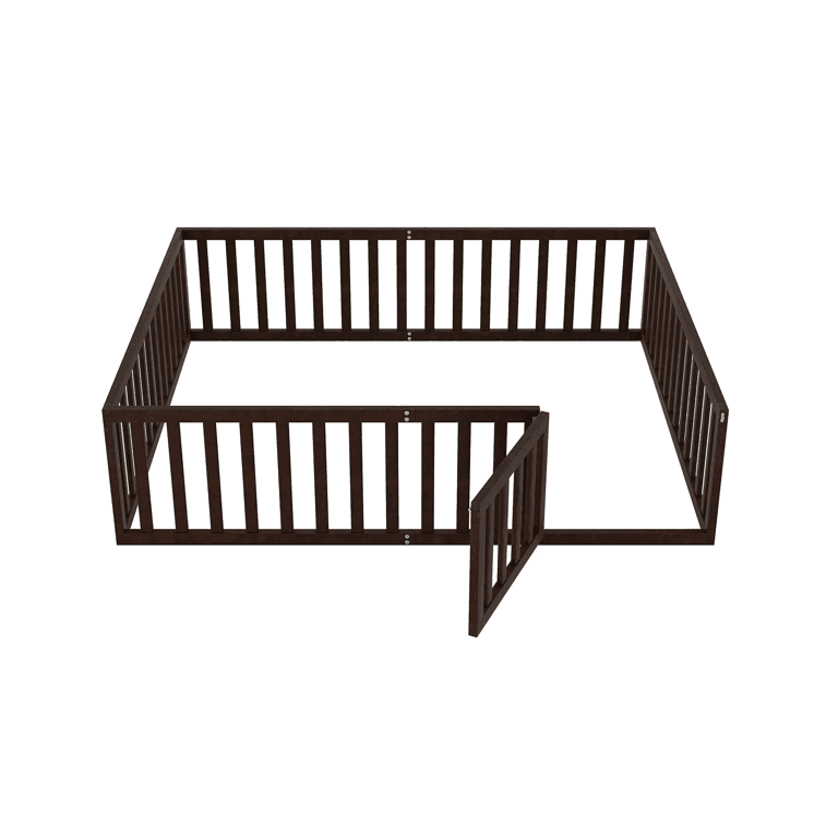 Meritline Queen Size Floor Bed Frame With Fence & Door Espresso