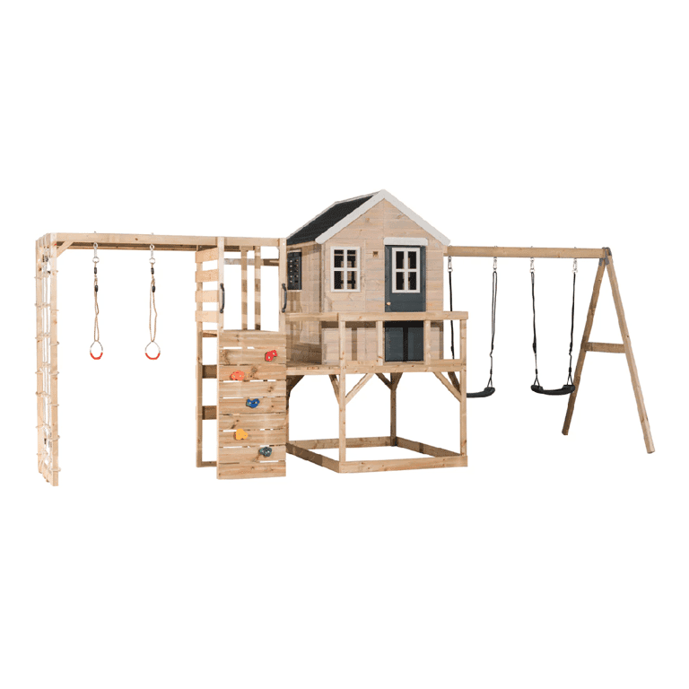 Wendi Toys My Lodge Ensemble de Balançoire avec Plateforme, Double Balançoire et Accessoire de Gym Gris