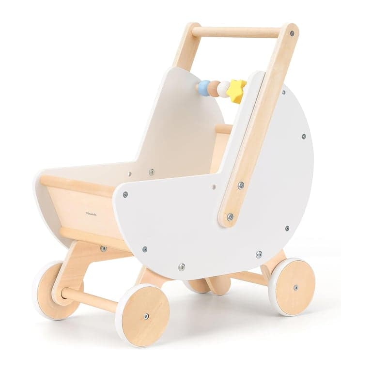 Pillowhale Wooden Baby Walker and Doll Stroller White