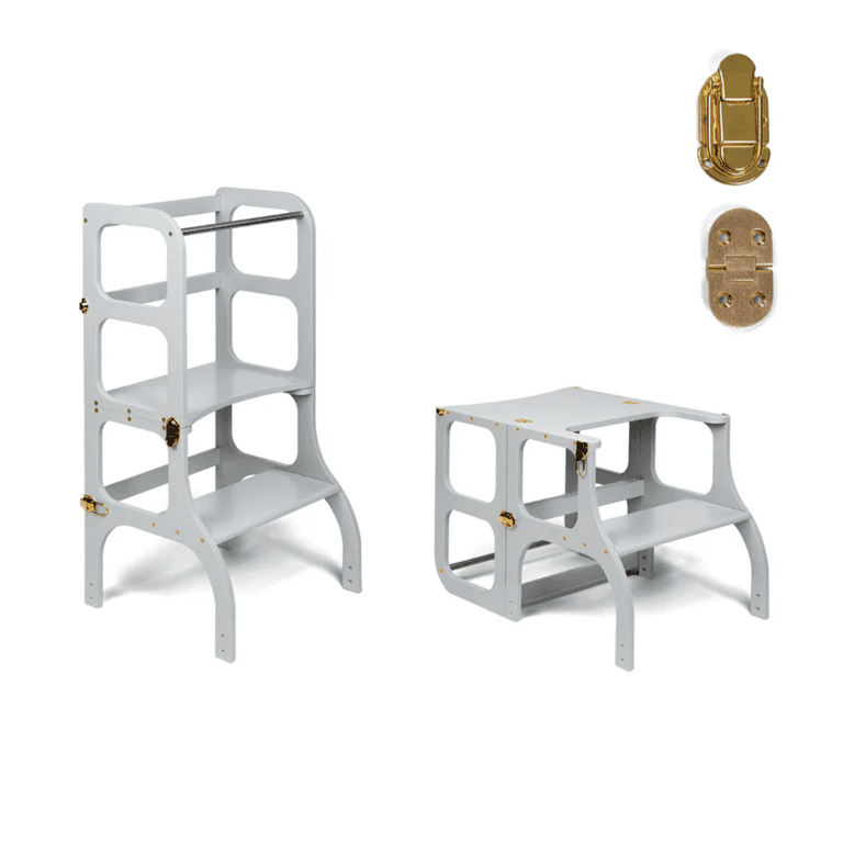 Ette Tete STEP'n'SIT® Tour d'Aide Table Convertible 2-en-1 Gris Avec Verrous à Fermoir Dorés