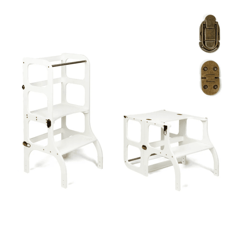 Ette Tete STEP'n'SIT® Tour d'Aide Table Convertible 2-en-1 Blanc Avec Fermoirs en Laiton