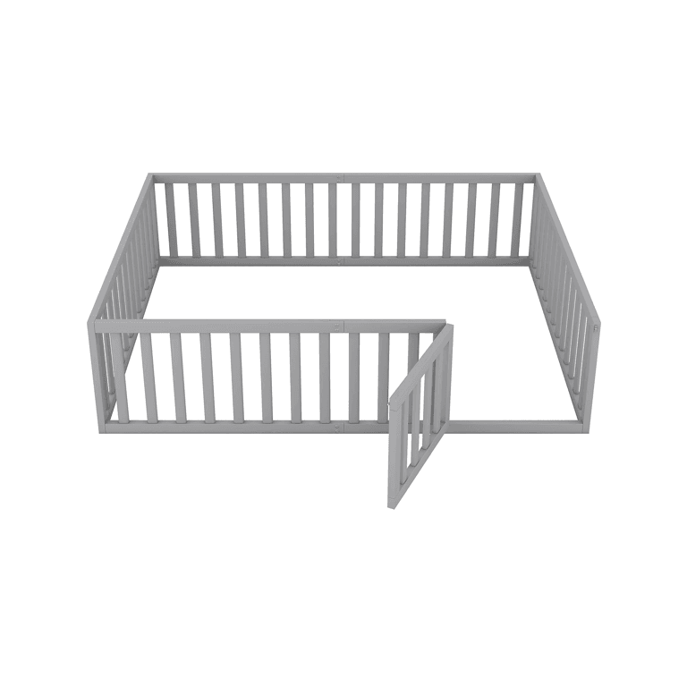 Meritline Queen Size Floor Bed Frame With Fence & Door Gray