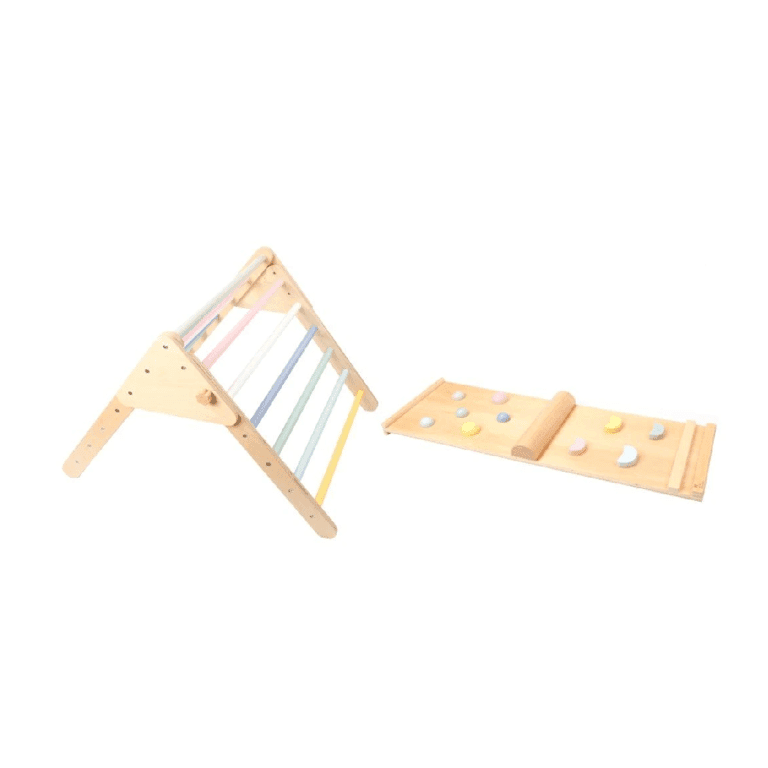 Elis Design Triangle Pikler avec mur d'escalade pastel