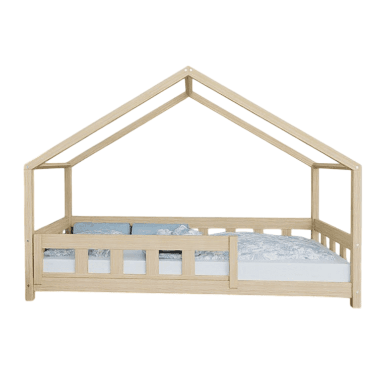 Benlemi Lit Maison Plotty avec Panneau Frontal et Barrière de Sécurité Frontale Non Verni 140x200 CM