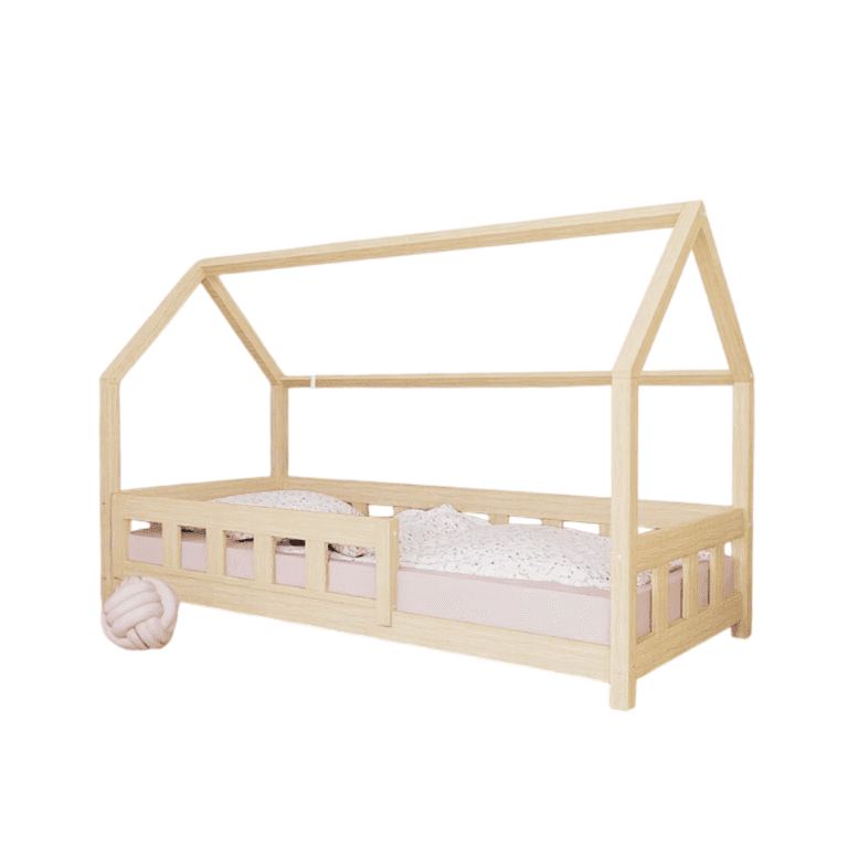 Benlemi Lit Maison Plotty avec Panneau Latéral et Barrière de Sécurité Avant Non Verni 140x200 CM