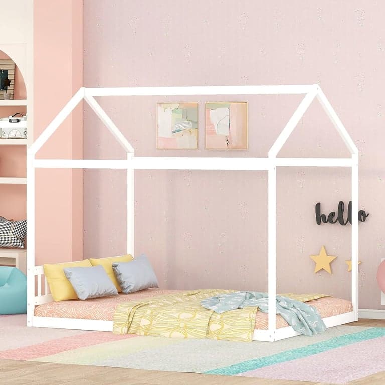 Meritline Queen Size Floor House Bed Frame With Headboard & Slats White