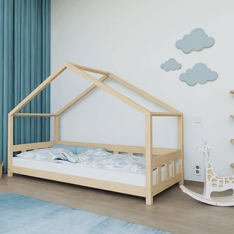 Benlemi Lit Maison Plotty Avec Panneau Frontal et Entrée Ouverte Non Verni 120x200 CM