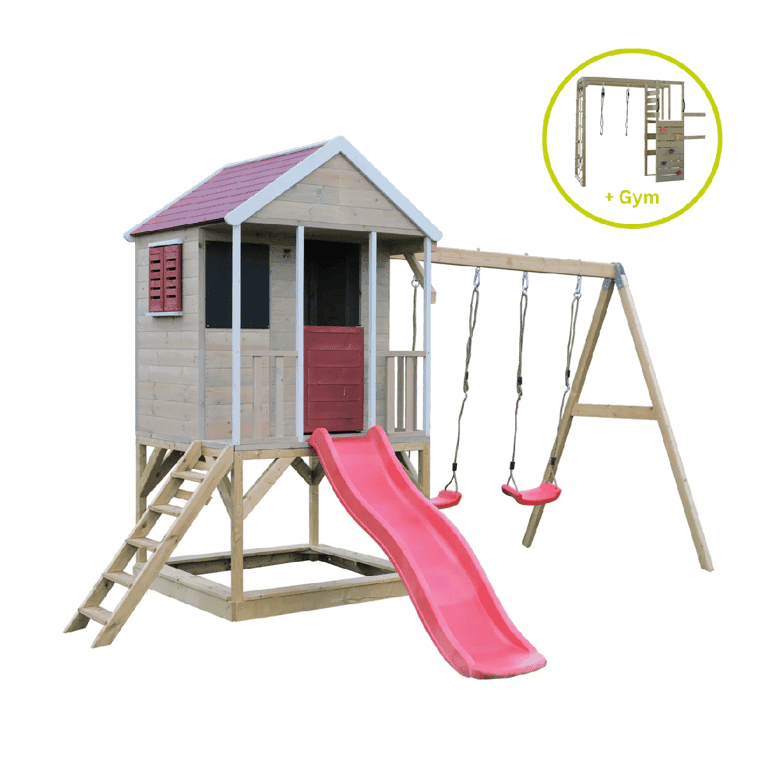 Wendi Toys Summer Adventure Ensemble de Balançoire Avec Plateforme, Toboggan, Double Balançoire et Accessoire de Gym Rouge