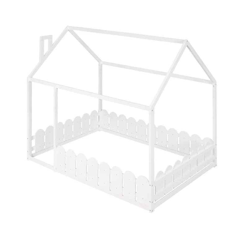 Bellemave Full Size Floor House Bed Frame With Fence White