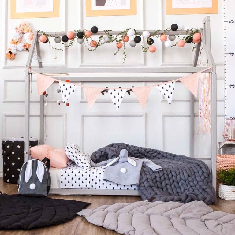 Sweet Home From Wood House Floor Bed With Headboard Queen Gray
