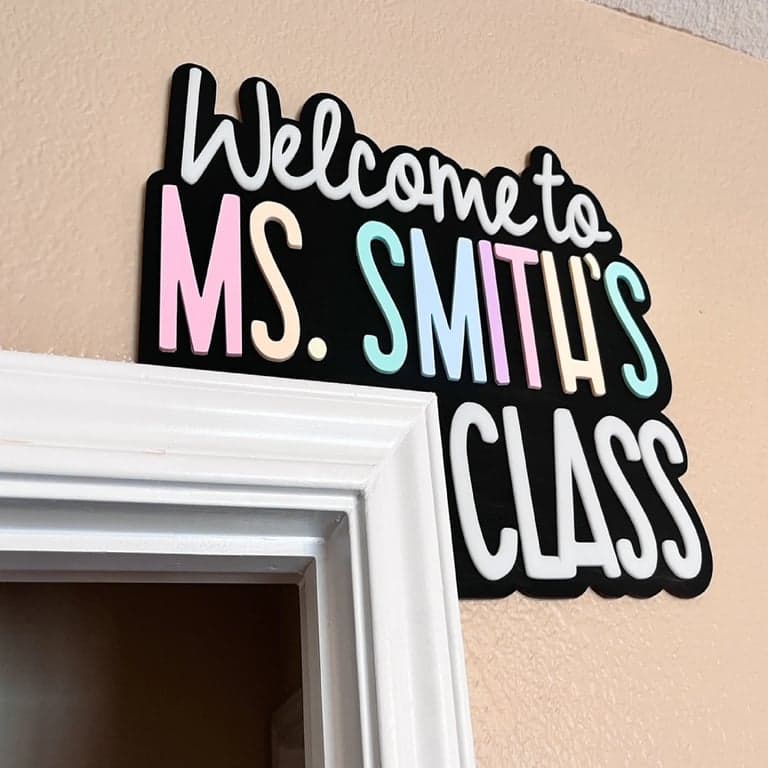 Paper and Pearls Co. Teacher Doorframe Sign Hangs on the Right Pastel Rainbow