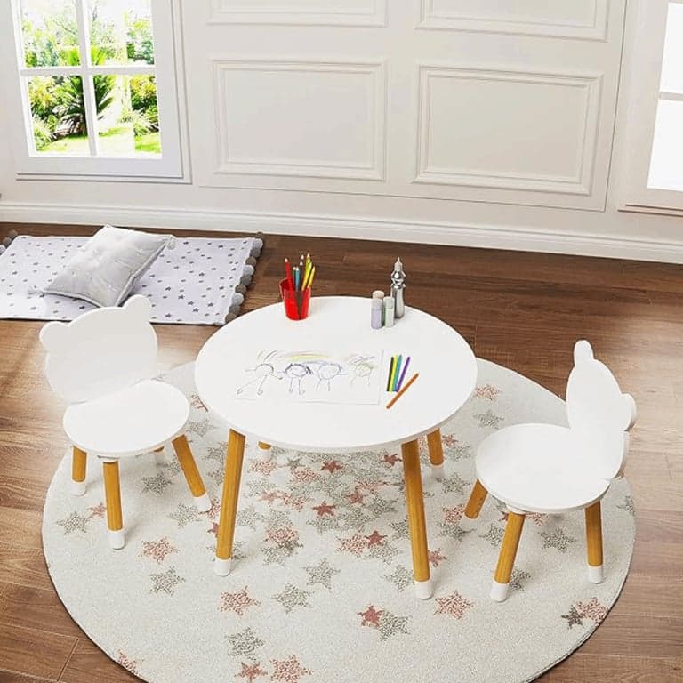 UTEX Kids Wood Table and Bear Chair Set White