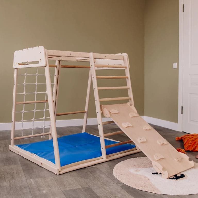 Wood and Hearts Indoor Jungle Gym With Trapeze, Ramp, and Mat