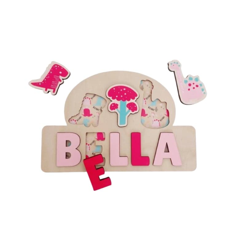 Vellamaes Wooden Name Puzzle 5 Letters Dinosaur Pink