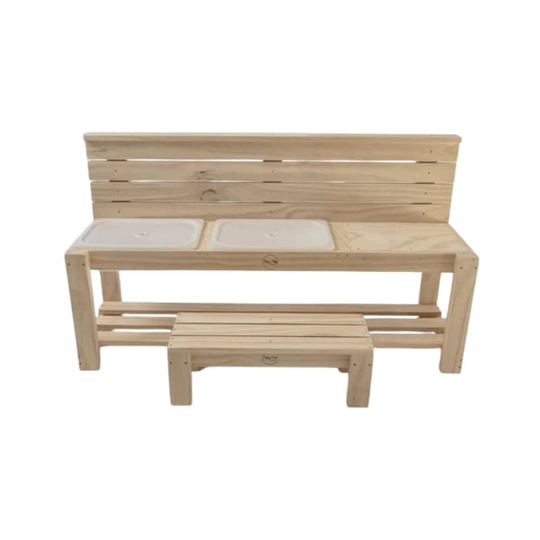 Pippy Play Designs Large Sensory Mud Kitchen 2 Tubs With Lids, Bench Seat, and Clear Gloss Varnish Treatment 