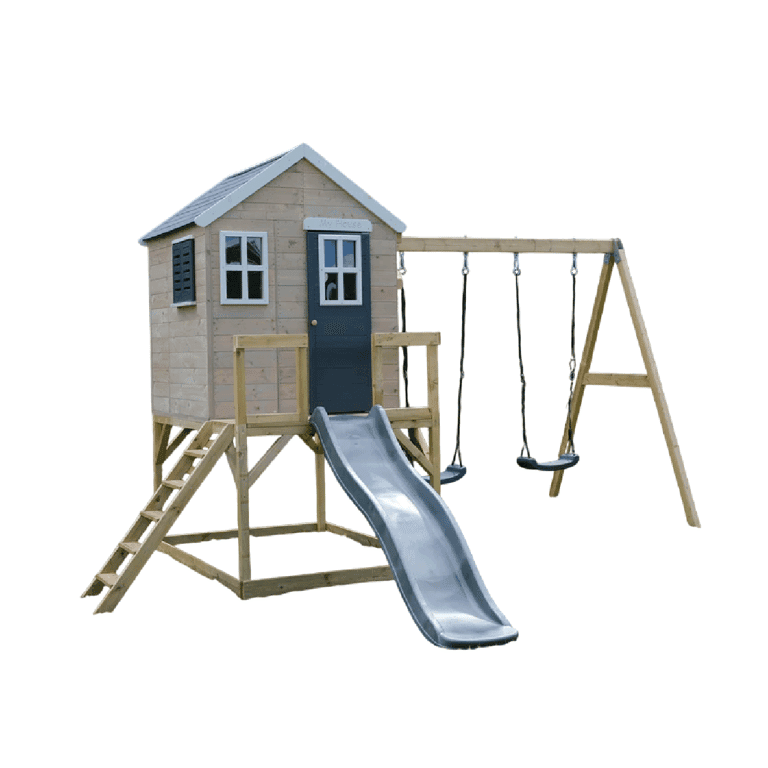 Wendi Toys My Lodge Ensemble de Balançoire avec Plateforme, Toboggan et Double Balançoire Gris