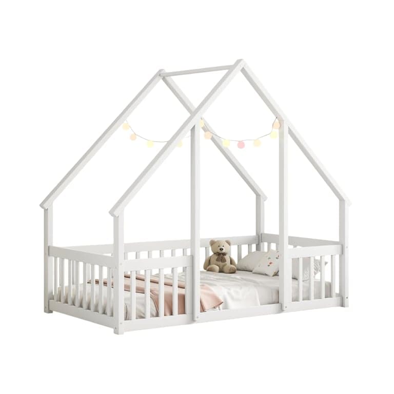 Bellemave Twin Floor Bed With Fence Rails White