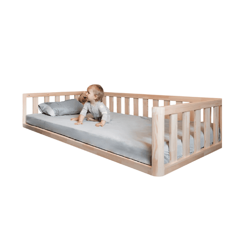 MandreleKids Lit au Sol Naturel Sans Barrières Frontales Avec Coins Extérieurs Arrondis Taille Double
