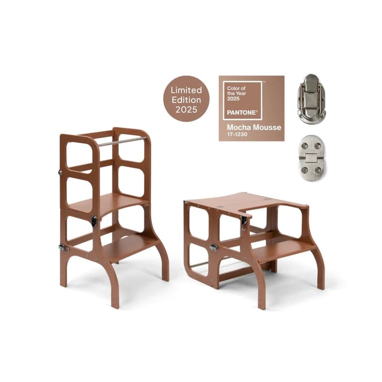 Ette Tete STEP'n'SIT® Tour d'Apprentissage et Table Convertible 2-en-1 Mousse moka avec serrures à fermoir argentées