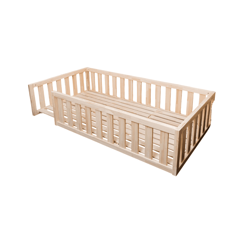 MandreleKids Lit au Sol Naturel Avec Coins Extérieurs Carrés Sans Porte Taille Complète