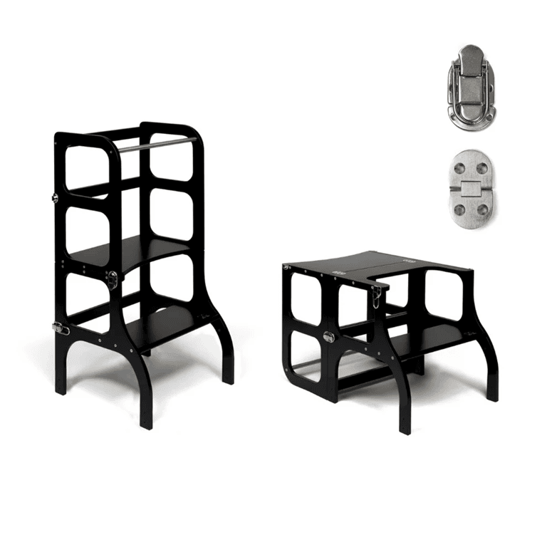 Ette Tete STEP'n'SIT® Tour d'Aide Table Convertible 2-en-1 Noir Avec Verrous à Fermoir Argent