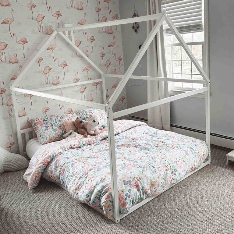 Sweet Home From Wood House Floor Bed With Headboard Queen White
