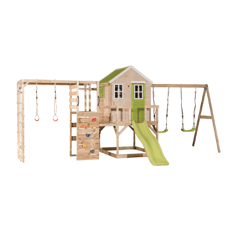 Wendi Toys My Lodge Ensemble de Balançoire avec Plateforme, Toboggan, Double Balançoire et Accessoire de Gym Lime