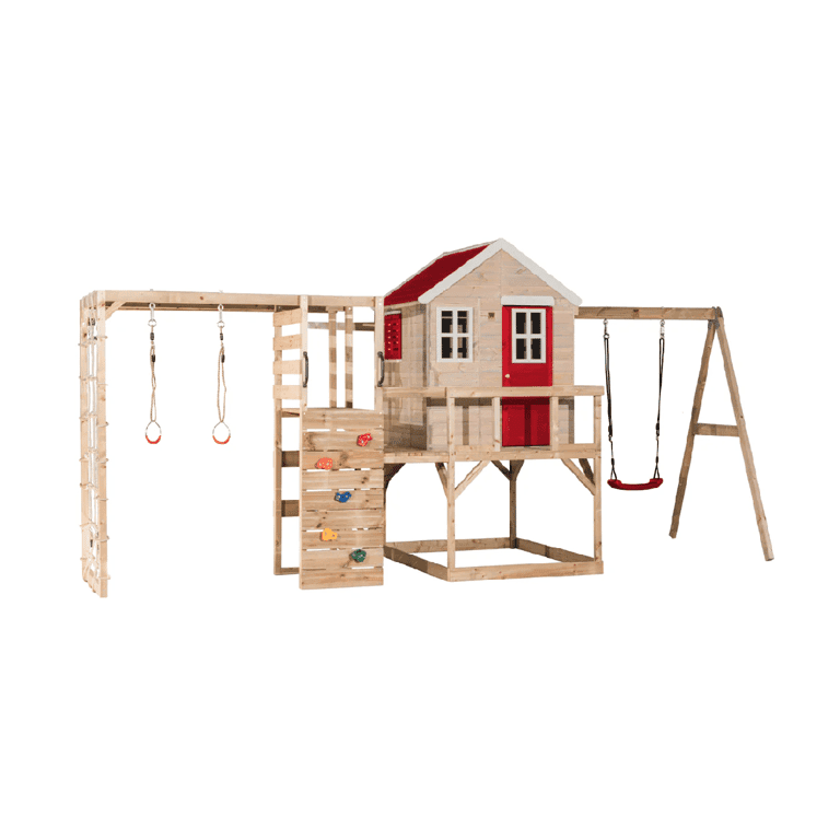 Wendi Toys My Lodge Ensemble de Balançoire avec Plateforme, Balançoire Simple et Accessoire de Gym Rouge