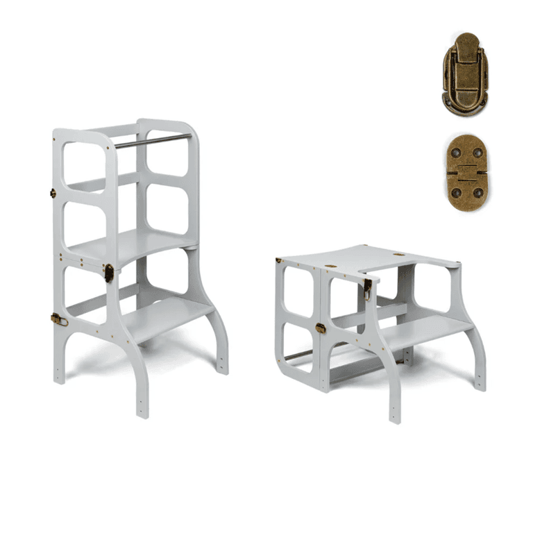 Ette Tete STEP'n'SIT® Tour d'Aide Table Convertible 2-en-1 Gris Avec Fermoirs en Laiton