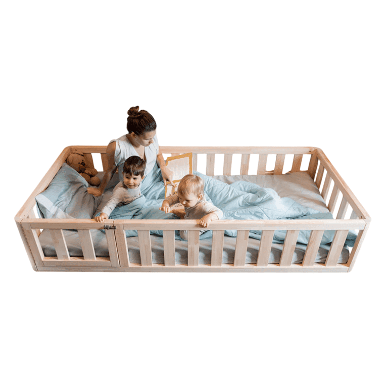 MandreleKids Lit au Sol Naturel Avec Coins Extérieurs Carrés et Porte Taille Twin