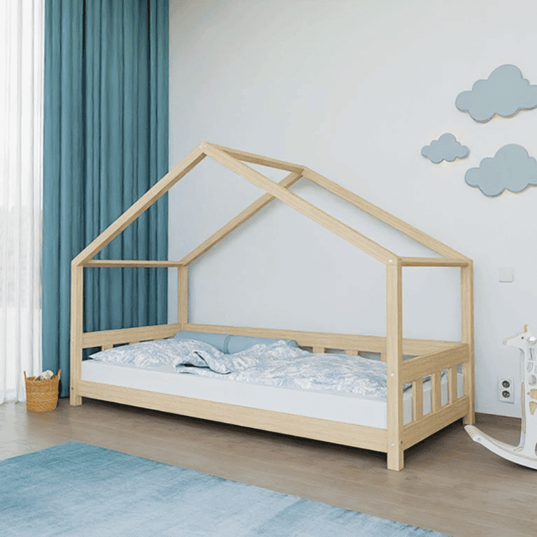 Benlemi Lit Maison Plotty avec Panneau Frontal et Entrée Ouverte Non Verni 80x160 CM