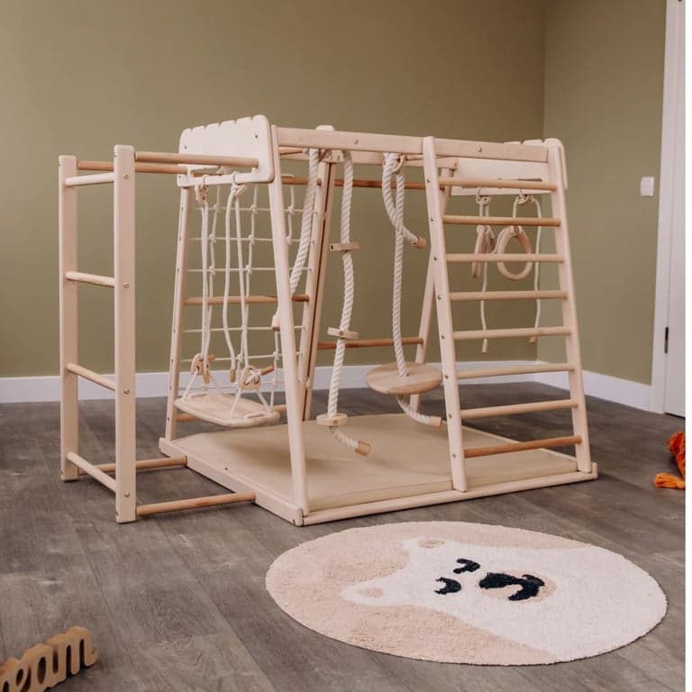 Wood and Hearts Indoor Jungle Gym With Trapeze, Ladder, Mat, and 4 Rope Access