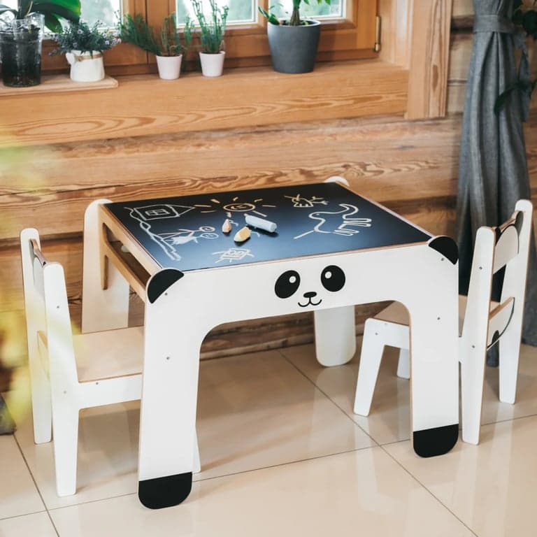 Wild Kids Activity Table With Reversible Blackboard Top and Chairs Panda White
