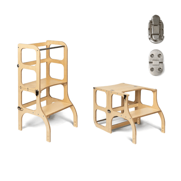 Ette Tete STEP'n'SIT® Tour d'Aide Table Convertible 2-en-1 en Bois avec Verrous à Fermoir Argent