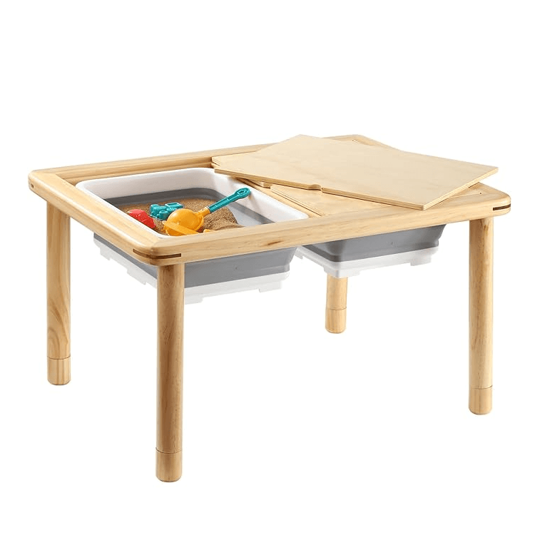 Funlio Wooden Sensory Table With 3-Level Height Wood Leg Natural