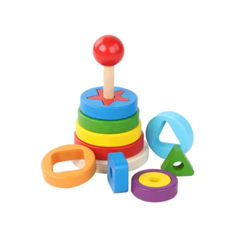 Seaside-Montessori Wooden Rainbow Tower Double Stacked Geometric
