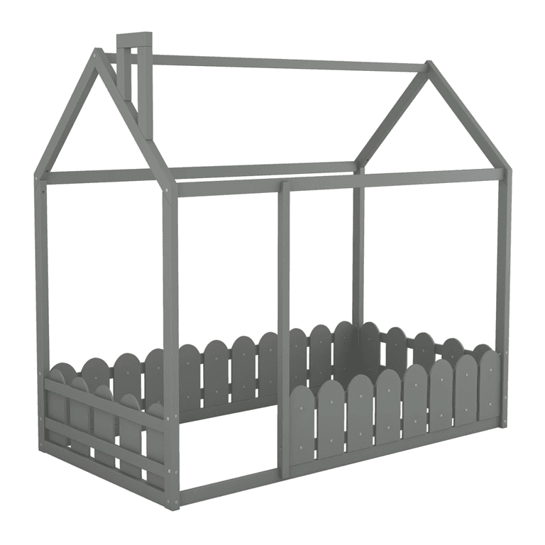Meritline Twin Size Floor House Bed Frame With Rails & Roof Gray