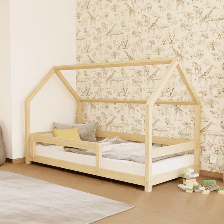 Benlemi Lit Maison Lucky Avec Barrière de Lit Fixe Non Verni 190 x 90