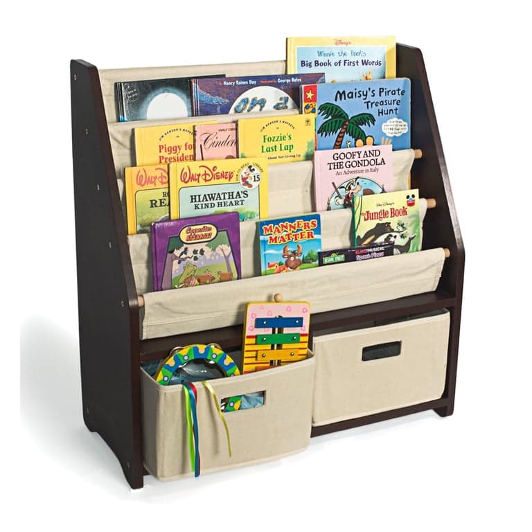 WonkaWoo Espresso Shelf With 2 Cream Storage Bin Boxes and Fabric Slings