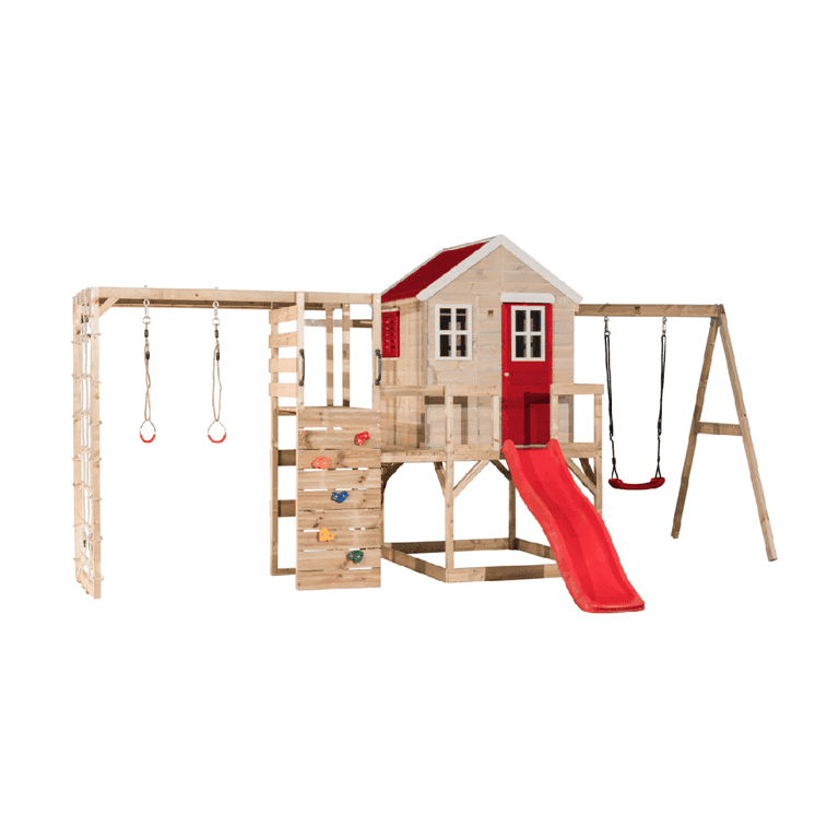 Wendi Toys My Lodge Balançoire avec Plateforme, Toboggan, Balançoire Simple et Accessoire de Gym Rouge