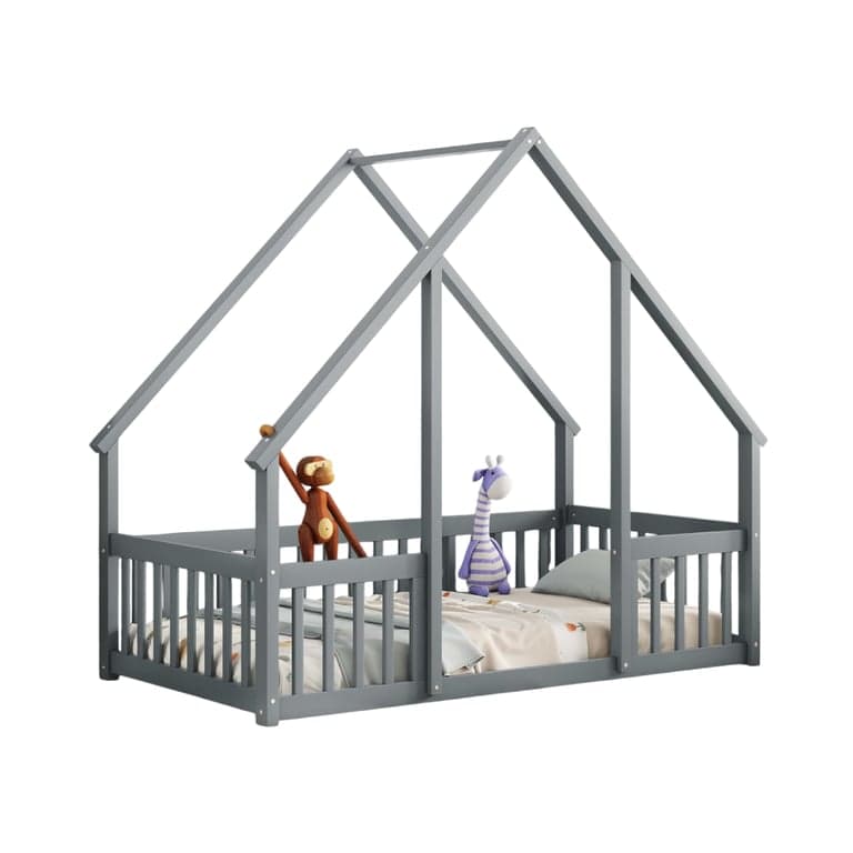 Bellemave Twin Floor Bed With Fence Rails Gray