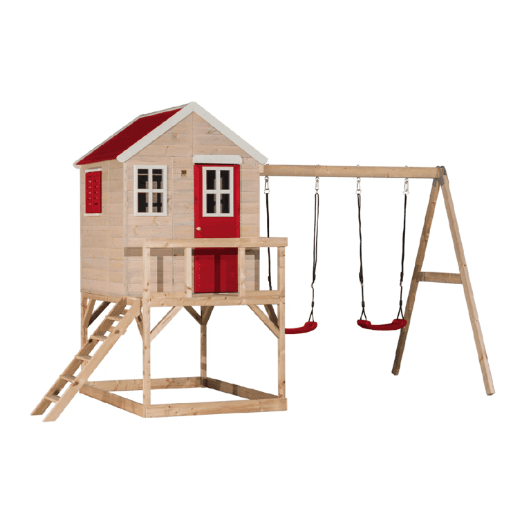 Wendi Toys My Lodge Ensemble de Balançoires avec Plateforme et Double Balançoire Rouge