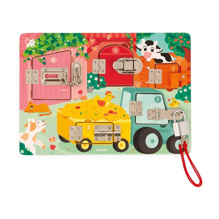 Janod Wooden Farm Padlock Activity Board With 5 Opening Types