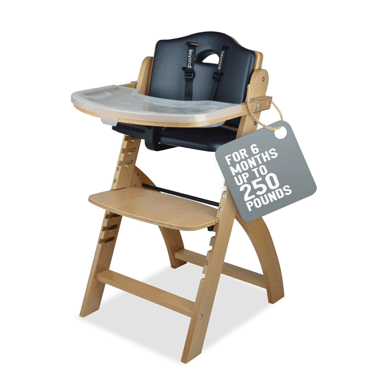 Abiie Beyond Junior Convertible Wooden High Chair Natural Wood Black Cushion