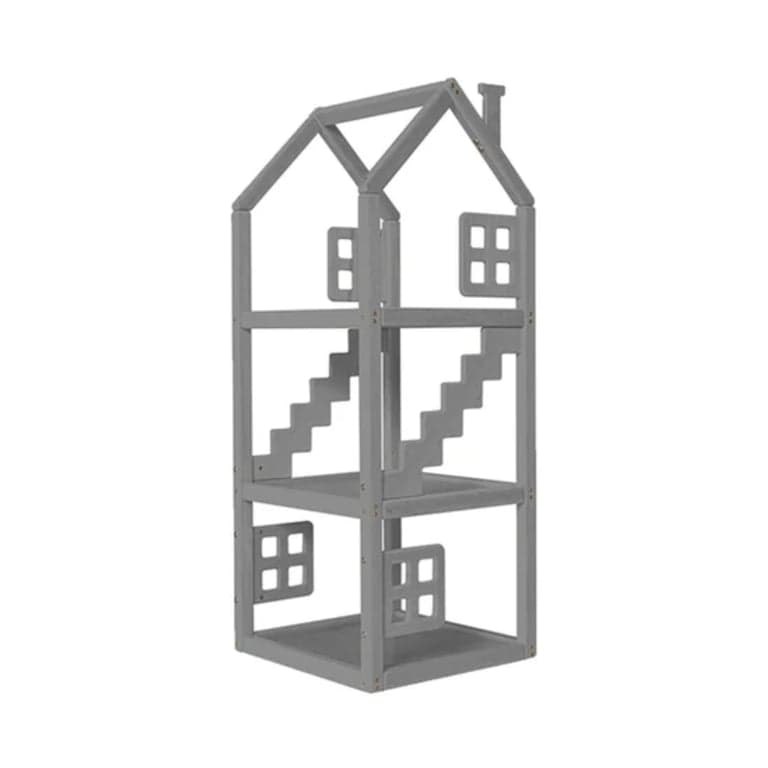 BusyWood Wooden House Shelf With Windows Gray